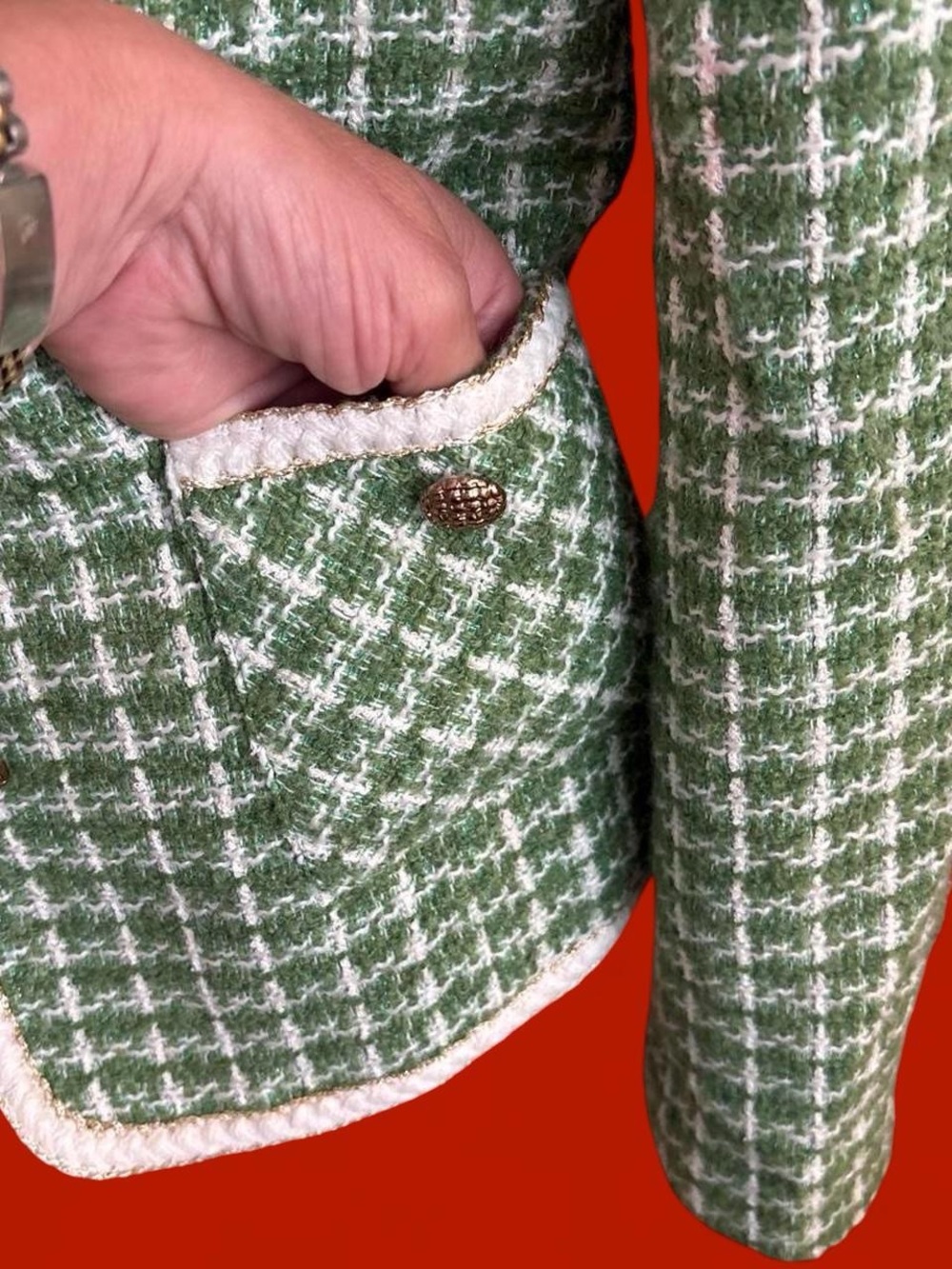 Green Tweed Button-Front Jacket with Cream Trim - Picture 3 of 7